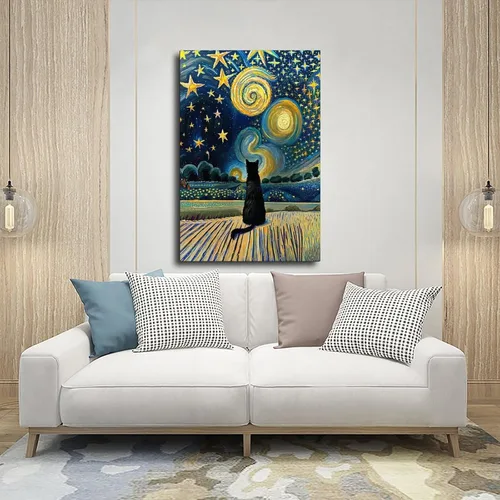 Vista 5 de Fyzuf Arte de pared de gato, pintura al óleo sobre lienzo, póster de lindo cubismo de gato, colorido, lindo, gatos, decoración estética, habitación