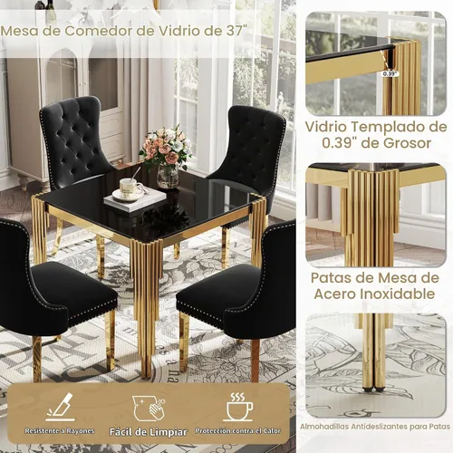 Vista 4 de Juego de mesa de comedor de cristal de 5 piezas para 4, mesa de cocina cuadrada de 37 pulgadas con 4 sillas tapizadas de terciopelo negro, mesa