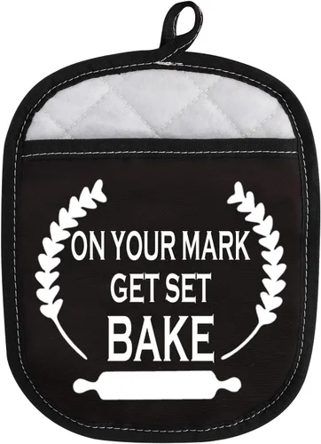 Vista 7 de WCGXKO Almohadillas para horno inspiradas en Baking Show, soporte para olla con bolsillo en ti Mark Get Set Bake (Get Set Bake bl)