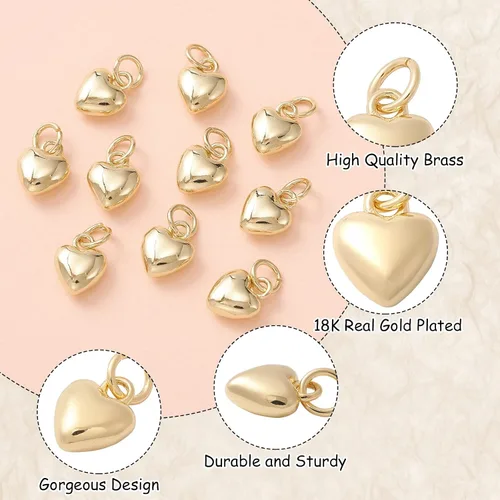 Vista 3 de KitBeads 10 dijes de corazón chapados en oro real de 18 quilates de latón dulce amor, mini colgantes 3D para el día de San Valentín para hacer
