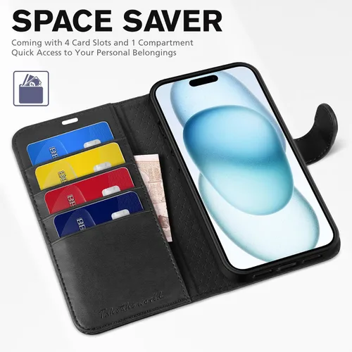 Vista 7 de TUCCH Funda tipo cartera para iPhone 15 Plus, [bloqueo RFID] 4 tarjeteros con función atril [funda interior de TPU a prueba de golpes] Funda Negro
