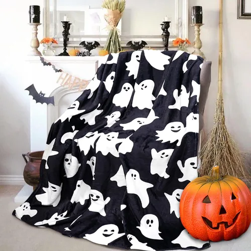 Vista 2 de Metawu Manta de Halloween de fantasma, mantas para niños para mujeres, decoraciones de Halloween, mantas de franela para cama, sofá, manta de viaje