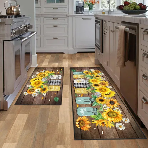 Vista 23 de JWXCBIM Juego de 2 alfombras de cocina con diseño de gato, decoración de estilo granja campestre, tapete de piso de cocina, alfombra antideslizante
