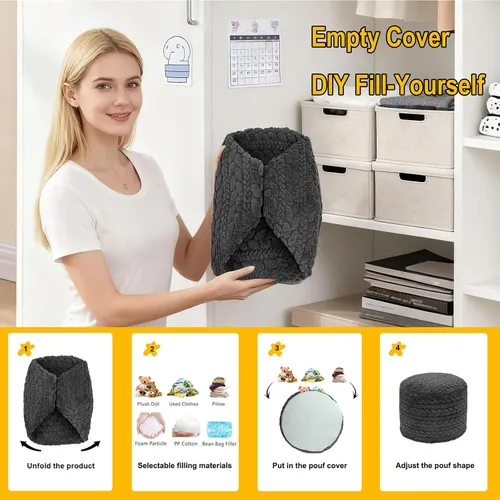 Vista 3 de Poofieotto Funda para puf otomano sin relleno: taburete redondo de piel sintética, puf de felpa (sin relleno incluido), perfecto para sala de estar