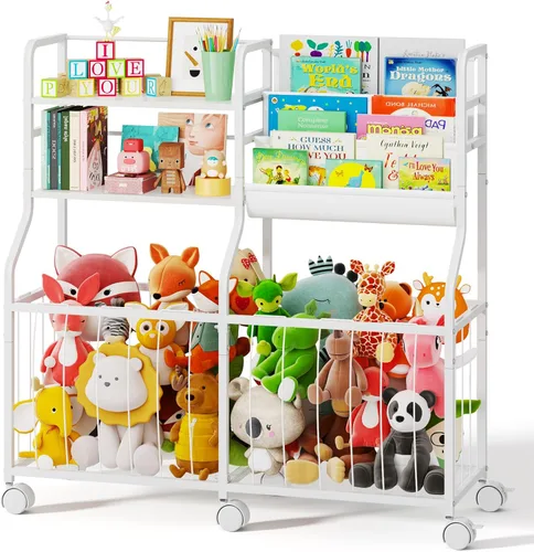 Vista 8 de BBLIKE Organizador de almacenamiento de animales de peluche, estantería rodante para niños y almacenamiento de juguetes con exhibición de libros