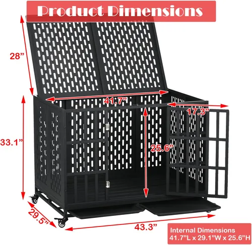 Vista 5 de Jaula resistente de 44 pulgadas para perros con ruedas, de acero indestructible a prueba de escapes, para perros de alta ansiedad, grandes