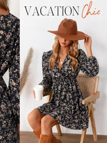 Vista 7 de CUPSHE Mini vestido floral con volantes, manga campesina, vestido de otoño, casual, vacaciones Negro