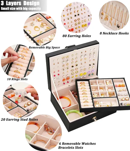 Vista 3 de QBestry Organizador de aretes de tuerca para mujeres y hombres, caja de joyería negra para aretes, collar, organizador de joyas, caja de aretes