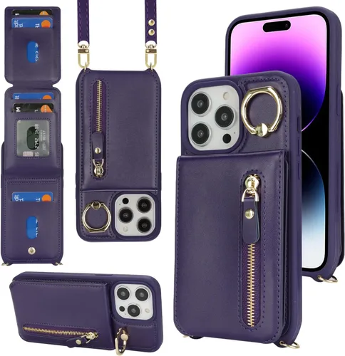 Vista 2 de Funda para iPhone 14 Pro Max con tarjetero para mujer, para iPhone 14 Pro Max, cartera con correa y ranuras para tarjetas de crédito, bandolera