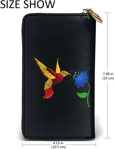 Vista 6 de Cartera larga con cremallera para mujer, diseño de colibrí, color negro, tarjetero para tarjetas de crédito