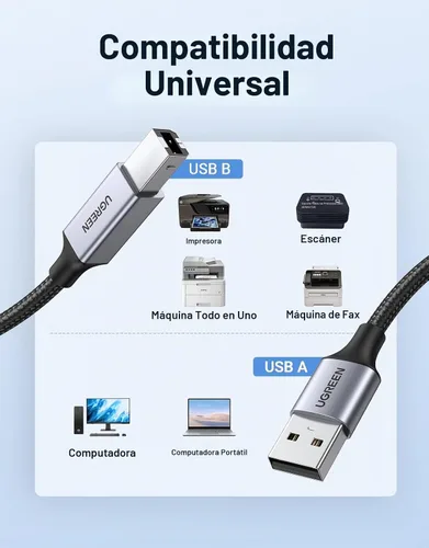 Vista 2 de UGREEN Cable de impresora, 6 pies USB A a B, cable USB B trenzado de nailon Carcasa de aluminio, compatible con Epson, Canon, HP, Brother, Dell