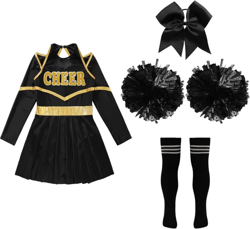 Vista 5 de TSSOE Uniforme de animadora para niñas, vestido de leotardo de manga larga, traje de animadora líder