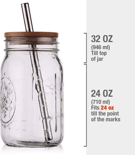 Vista 2 de Tazas reutilizables de té y licuado de burbujas Boba – 2 tarros de vidrio de boca ancha de 32 onzas con tapas de bambú – 2 popotes Boba