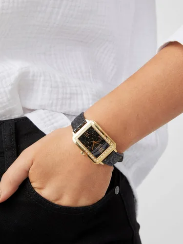 Vista 2 de GUESS Factory - Reloj rectangular de color negro y dorado para mujer, Reloj analógico