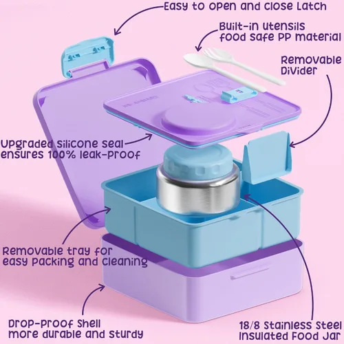 Vista 3 de Fimibuke Lonchera Bento para niños con tarro de comida, caja Bento a prueba de fugas con tarro de comida aislado de 8.5 onzas, bolsa de almuerzo