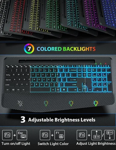 Vista 2 de Teclado y Mouse Inalámbricos con Retroiluminación, Reposamuñecas, Mouse LED, Teclado Ergonómico Recargable con Soporte para Teléfono, Combo