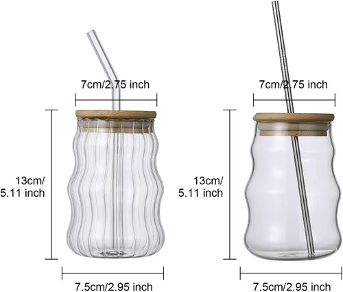Vista 7 de Paquete de 2 vasos para beber con tapas de bambú y popote de vidrio de 17 onzas con ondas creativas, vasos de vidrio para café helado, refrescos