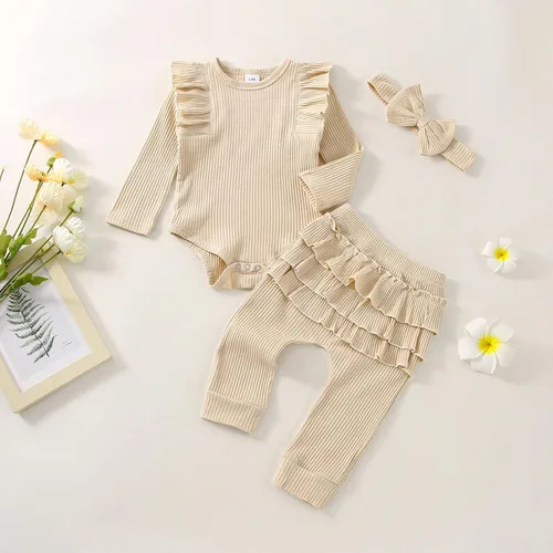 Vista 2 de Ropa de bebé para niña recién nacida, conjunto de trajes de otoño e invierno, mameluco de manga larga con volantes acanalados, juego de 3 piezas