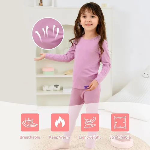 Vista 4 de Zando Conjunto de ropa interior térmica para niñas, capa base para niños pequeños, pantalones largos de invierno suaves para niños pequeños