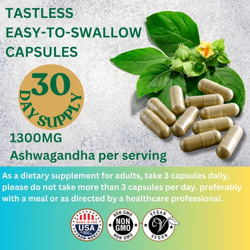 Vista 5 de Ashwagandha - Cápsulas de polvo de raíz de 1300 mg, soporte para el metabolismo de la cápsula para mujeres y hombres, apoyo inmunológico