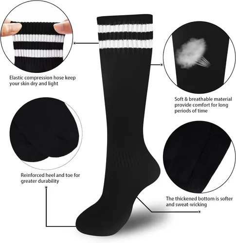Vista 3 de ELUTONG Calcetines de fútbol para niños, 3 pares para niños y niñas, a rayas, tubo atlético, equipo de fútbol, deporte, calcetines altos