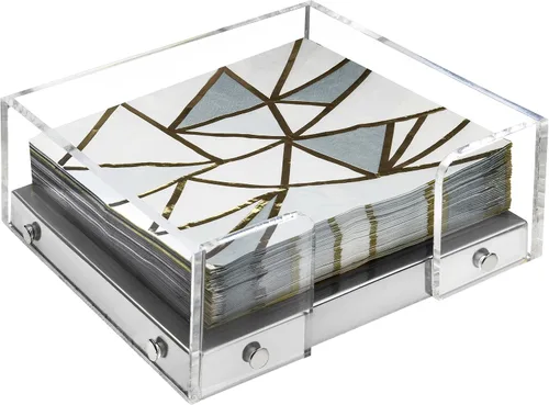 Vista 6 de Servilletero moderno para cocina, servilletero para mesas, base de acrílico transparente y acero, decoración de cocina y comedor (dorado)