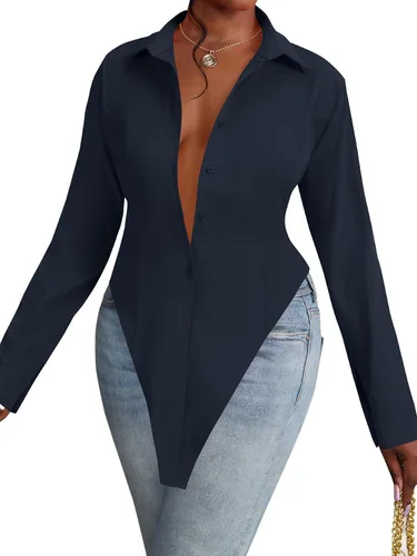 Vista 17 de OPOIPIN Blusa de manga larga con cuello en V para mujer, con botones, dobladillo con abertura
