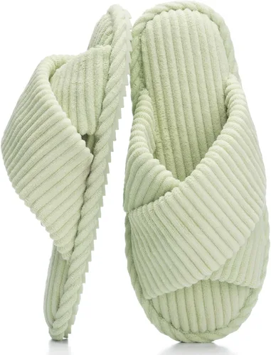 Vista 19 de GOEWY - Pantuflas para mujer con espuma viscoelástica para el hogar, con entretejido de pana, tiras cruzadas, con punta abierta, sandalias cómodas