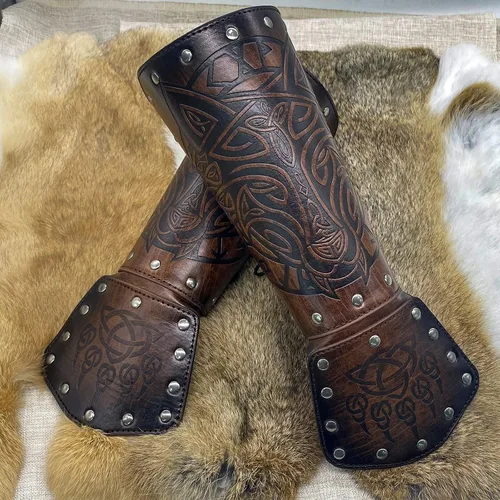 Vista 5 de JAOYU Brazaletes de cuero para hombre, armadura de brazo, brazalete de guantelete, brazaletes medievales, joyería vikinga para mujer, disfraz