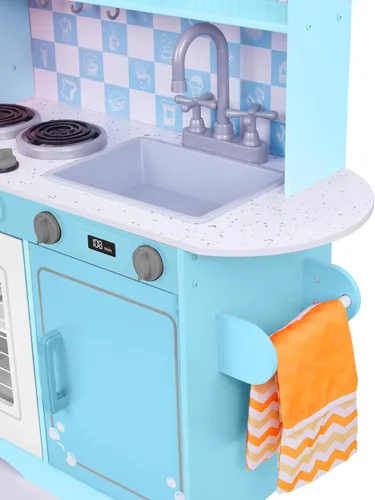 Vista 7 de Juego de cocina infantil Lil' Jumbl, cocina de madera de simulación con pizarra, teléfono de juego, toallero y dispensador de hielo, perillas