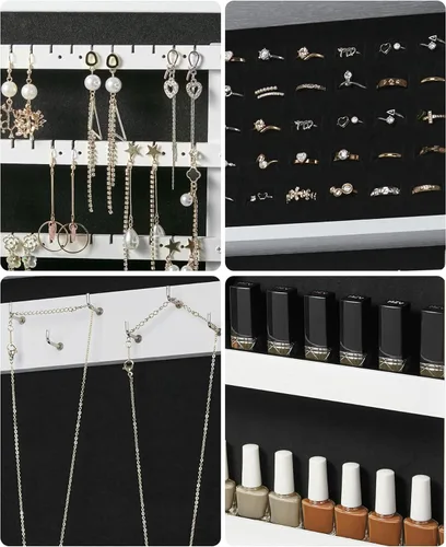 Vista 8 de SONGMICS Armario de joyería con cerradura con espejo, organizador de almacenamiento de joyas para ahorrar espacio, blanco UJJC51WT
