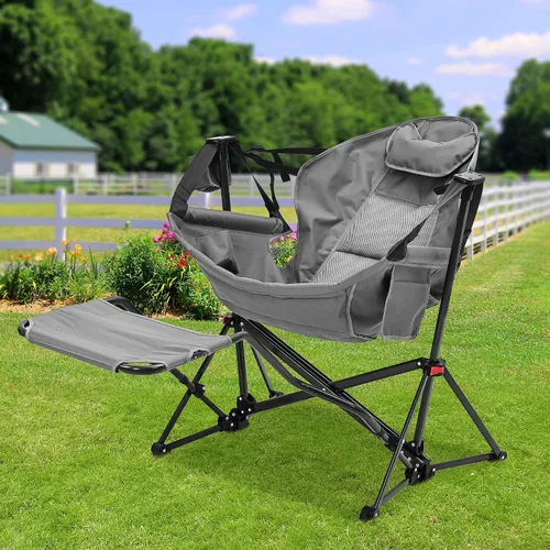 Vista 2 de Hamaca de camping con reposapiés, resistente y plegable, portátil, mecedora, para exteriores, campamento, con soporte para tazas, almohada