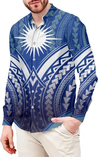 Vista 12 de Camisas polinesias para hombre con patrones de hojas tropicales polinesias, camisa hawaiana de manga larga para hombre, ropa de vacaciones de otoño