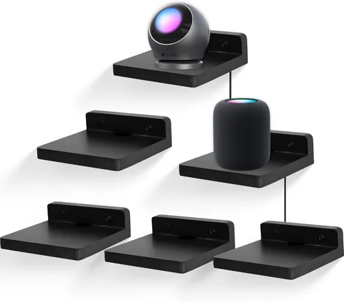 Vista 14 de Pequeño estante flotante para pared, juego de 2 estantes de pared de madera de 5 pulgadas, mini altavoces, monitor de bebé, cámaras, soporte de Negro