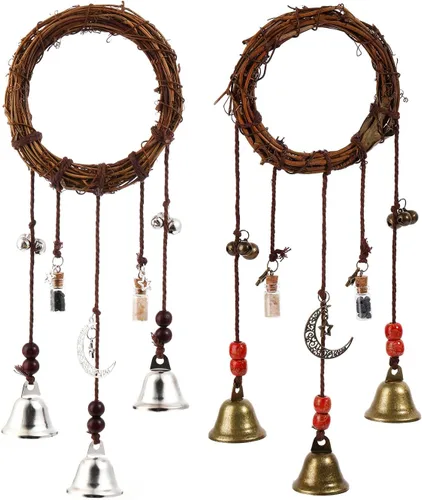 Vista 11 de Campanas de bruja para pomo de puerta para protección Campanas colgantes de viento Campanas decorativas hechas a mano para decoración bohemia