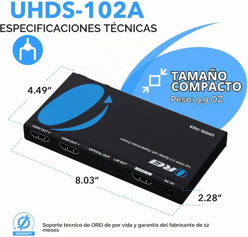 Vista 5 de OREI Divisor HDMI 1x2 2.0 con extractor de audio escalador, 2 puertos con Full Ultra HDCP 2.4K a 60Hz y 3D compatible con control EDID - UHDS-102A