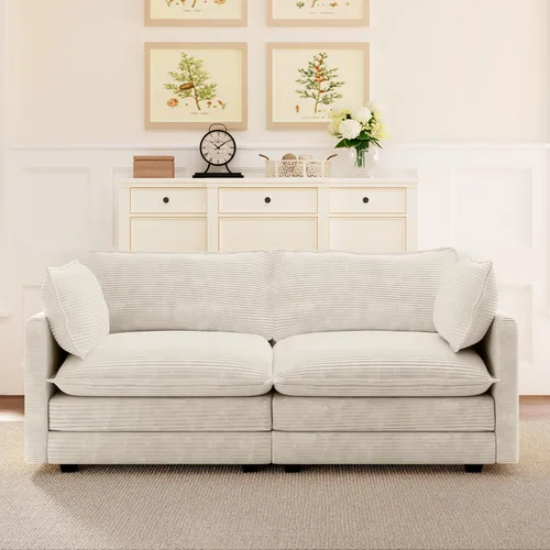 Vista 29 de ROWHY Sillón individual con otomano, sofá moderno de corduroy en forma de nube con chaise convertible, sofá tapizado para sala de estar, beige