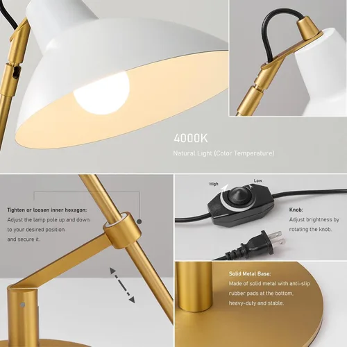 Vista 9 de Desk Lamp Modern Industrial 100% Metal Adjustable Table Lamp 24", Natural Light (4000K) with Dimmer, Ideal for Office Bedroom Study Room Living Room