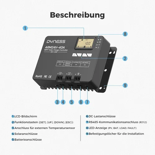 Vista 6 de Dyness Controlador de carga solar MPPT automático de 40 A, 12 V/24 V, control de aplicación y pantalla LCD, regulador solar de 40 amperios