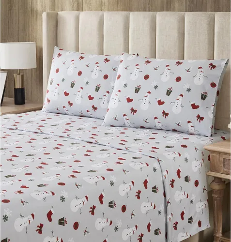 Vista 12 de Sweet Home Collection Juego de sábanas de franela de Navidad, diseño de oso y ciervo, tamaño individual, de microfibra cepillada suave con bolsillo