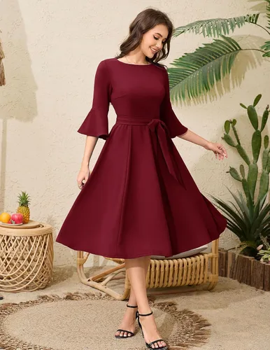 Vista 2 de HomRain Vestidos de iglesia para mujer 2025, invitada de boda, cóctel, fiesta de té, manga acampanada, vestido vintage de graduación de noche
