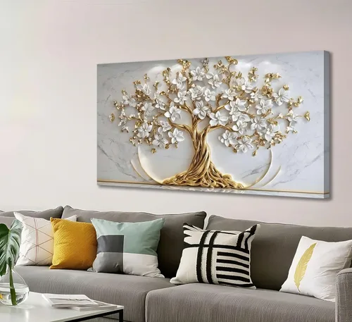 Vista 2 de Lienzo decorativo para pared, diseño de árbol de la vida, flores blancas y doradas, cuadro de paisaje natural, póster impreso, para sala de estar