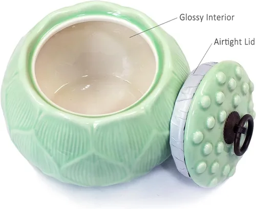 Vista 2 de Dahlia Recipiente de té de porcelana para té suelto, hermético Longquan Celadon Tea Caddy, Loto tallado 650 ML