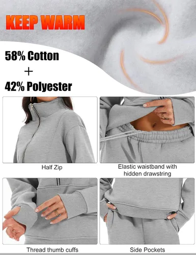 Vista 4 de PEHMEA Conjunto deportivo de 2 piezas de otoño para mujer, con forro polar, holgado, manga larga, media cremallera, cómodo conjunto de descanso