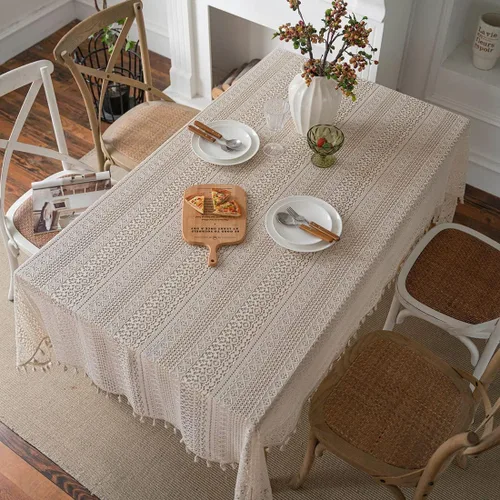 Vista 3 de Mantel bohemio hecho a mano con diamantes de ganchillo, mantel de lino bordado beige para boda, mantel cuadrado elegante para decoración de mesa