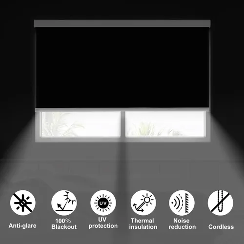 Vista 6 de Persiana enrollable opaca para ventanas, sin cordón, para oscurecer la habitación, con cenefa de casete, persianas de ventana negras para el hogar