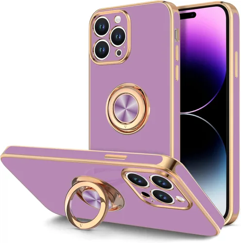 Vista 8 de Hython - Funda para iPhone 14 Pro con soporte de anillo [soporte magnético de anillo giratorio de 360°] [soporte para montaje en coche] Borde dorado