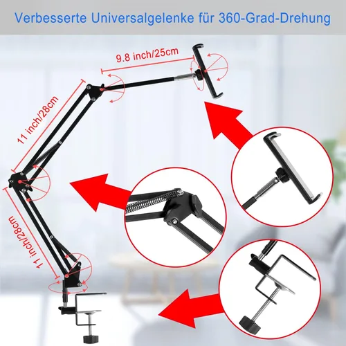 Vista 3 de Soporte para tablet ajustable, soporte plegable para cama, soporte universal flexible de aluminio para tableta con rotación de 360 grados