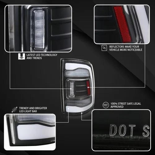 Vista 3 de Autozensation Compatible con Dodge Ram 1500 2500 3500 2009-2018, conjunto de par izquierdo y derecho, luces traseras LED negras con barra de luz LED
