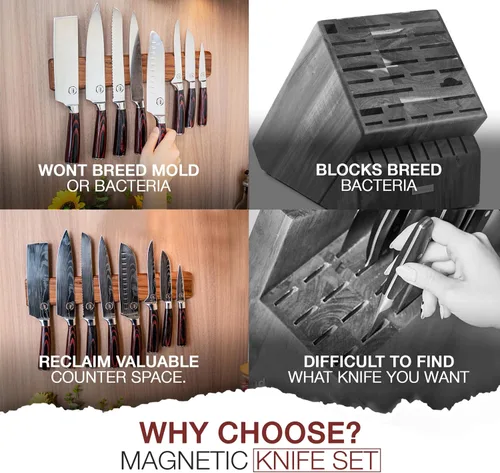 Vista 6 de 8 piezas de cuchillos de chef - Cuchillos de acero inoxidable de alto carbono con mangos de Pakkawood - Soporte con tira magnética incluido - Juego